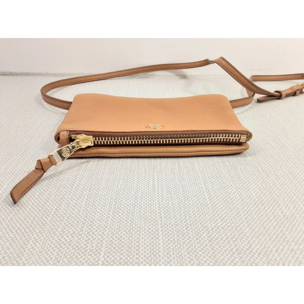 Tory Burch Robinson Crossbody Bag Small Clutch Foldover Tan Pebbled Leather